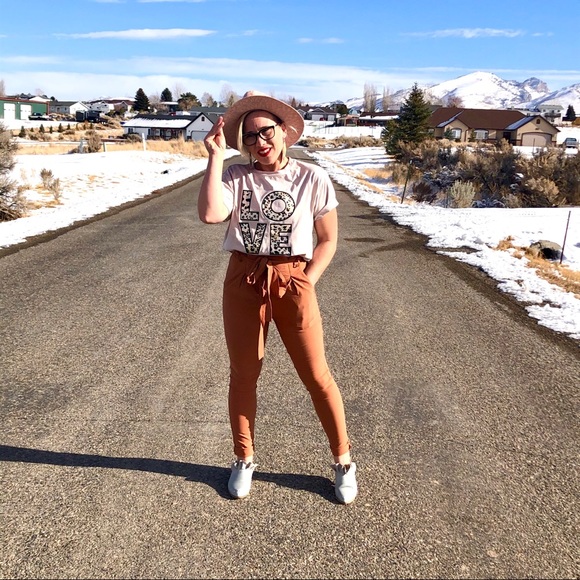 New! Skinny High Waist Paper Bag Pants in Copper - Picture 4 of 16